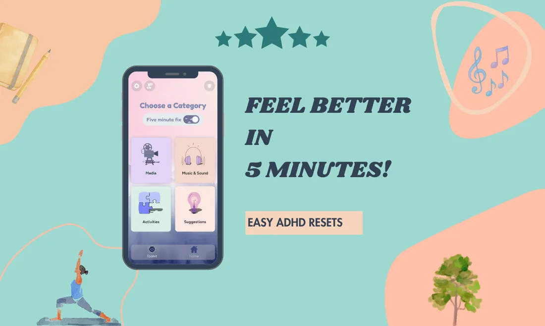 Solace category picker with the Five Minute Fix toggle — media, music, activities and suggestions